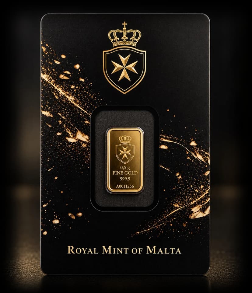 0.5g fine gold bar sealed in its Royal Mint of Malta assay card