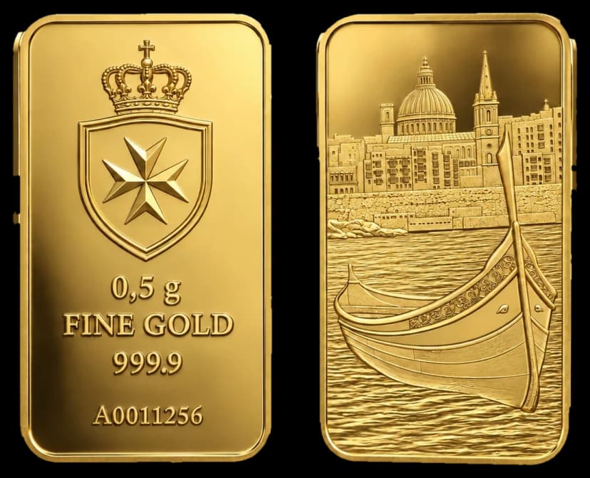 0.5g fine gold bar, Maltese Cross crest and Valletta harbour, obverse and reverse