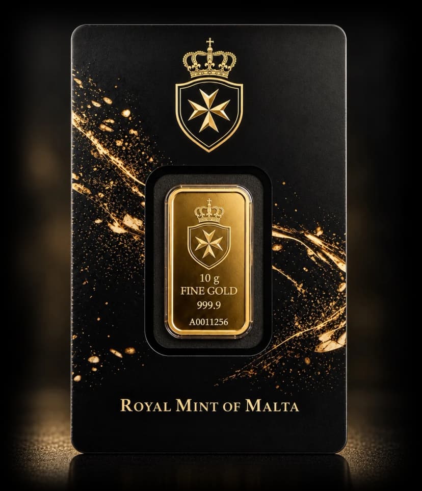 10g fine gold bar sealed in its Royal Mint of Malta assay card