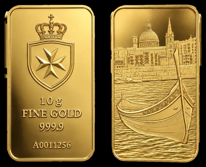 10g fine gold bar, Maltese Cross crest and Valletta harbour, obverse and reverse