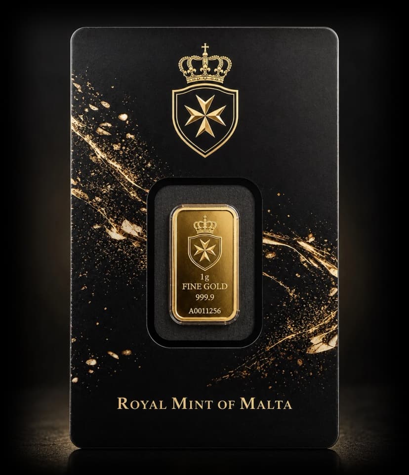 1g fine gold bar sealed in its Royal Mint of Malta assay card