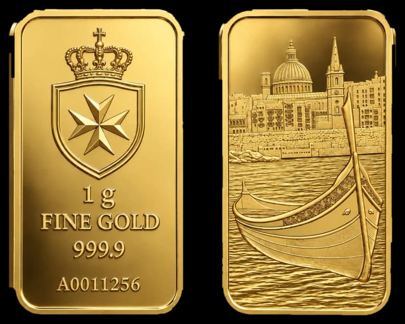 1g fine gold bar, Maltese Cross crest and Valletta harbour, obverse and reverse