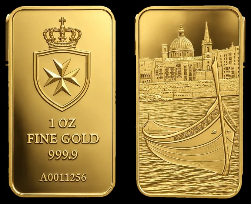 1oz fine gold bar, Maltese Cross crest and Valletta harbour, obverse and reverse