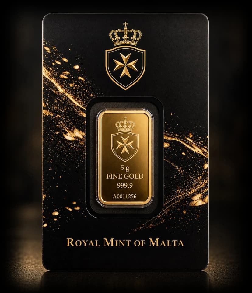 5g fine gold bar sealed in its Royal Mint of Malta assay card