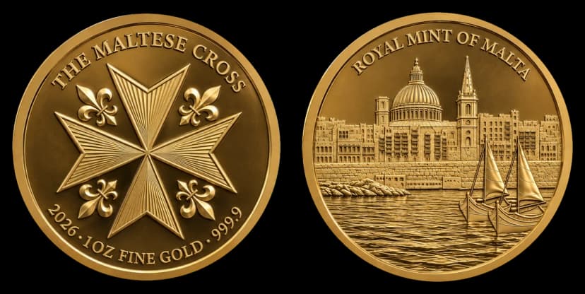 Maltese Cross 1oz gold coin, obverse and reverse