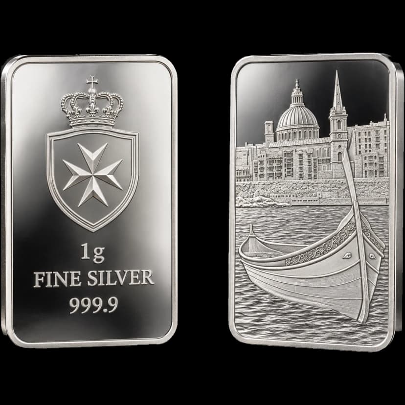 1g fine silver bar, Maltese Cross crest and Valletta harbour
